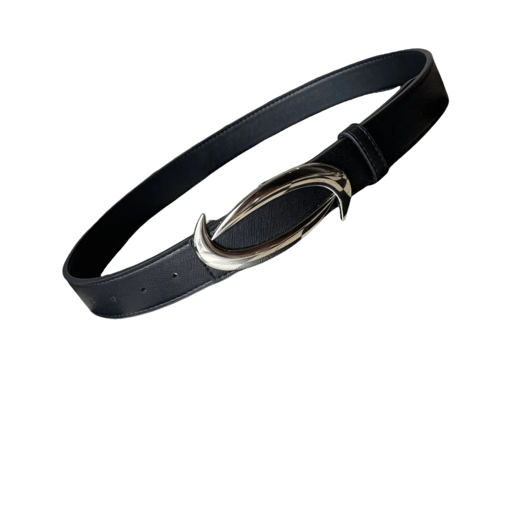 Curved Metal Buckle Full Grain Leather Belt Black Casual Mens Waist