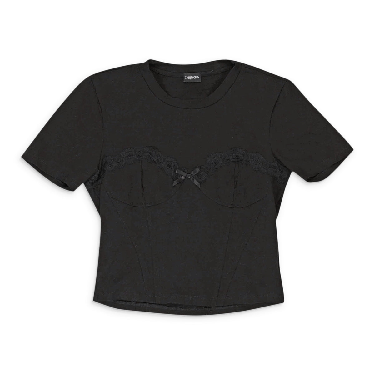 LACE TRIM BUSTIER BLACK T-SHIRT