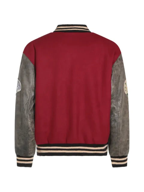 FOUND Crimson Letterman patch-detail leather-sleeve jacket