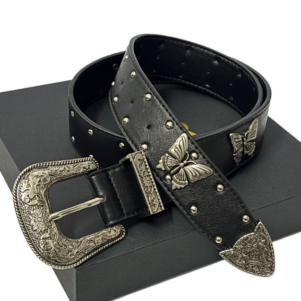 Butterfly Studded Leather Belt Vintage Engraved Western Waist Belt