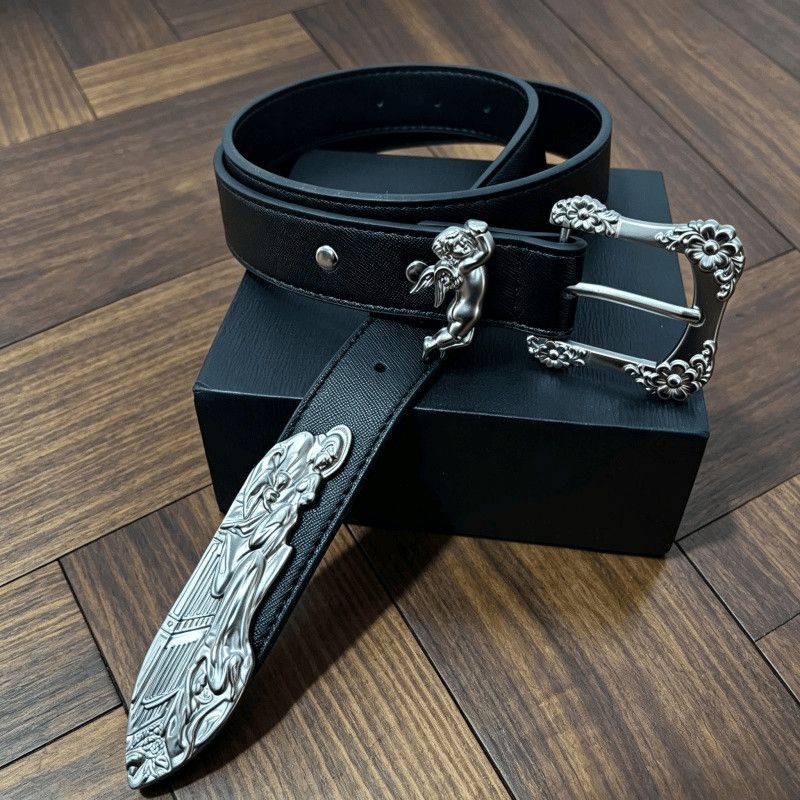 Cherub Angel Dagger Engraved Leather Belt Vintage Gothic Metal Tip