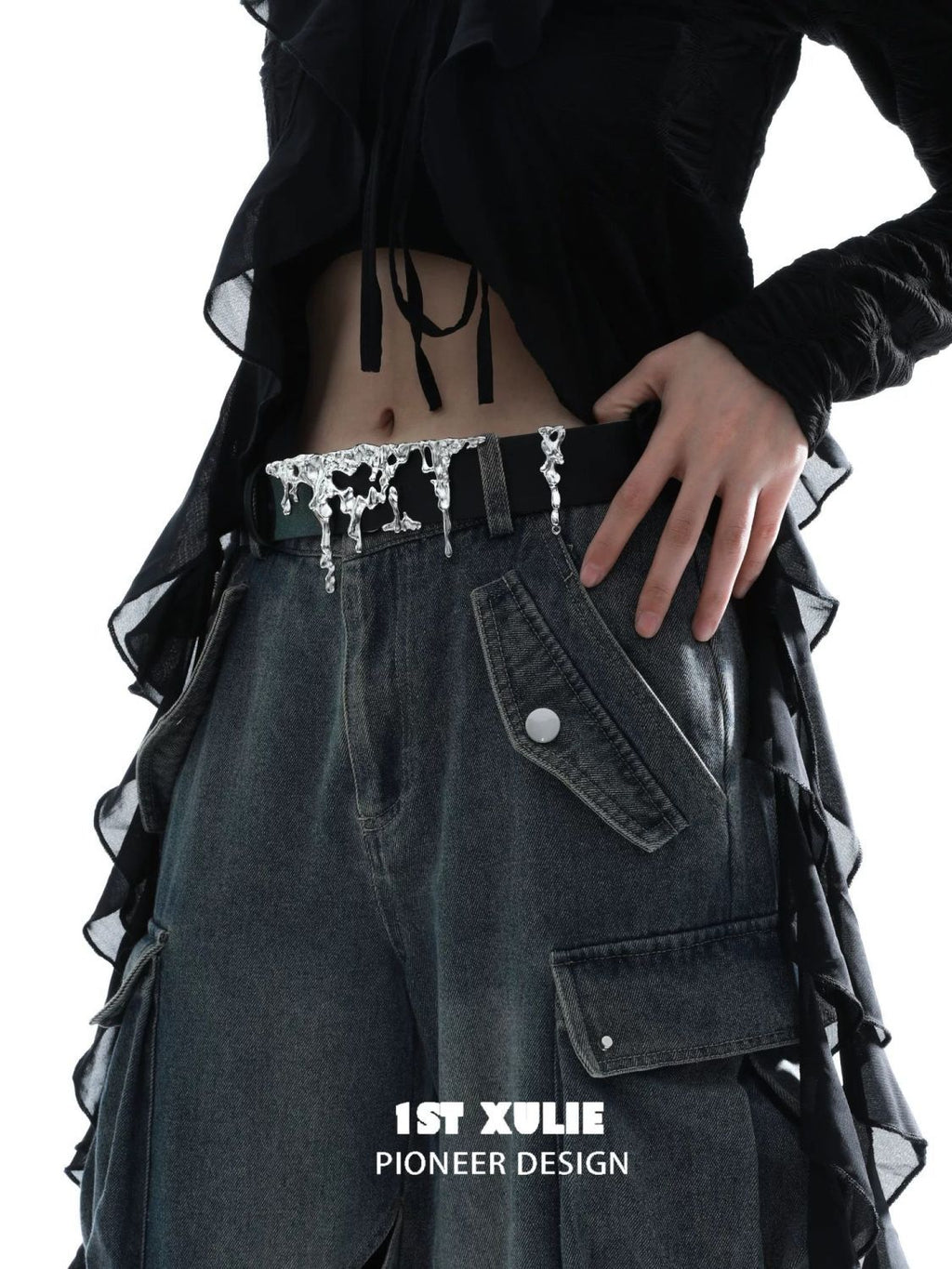 1STXULIE Leather Belt Liquid Lava Metal Sculpture Avant-Garde Waist
