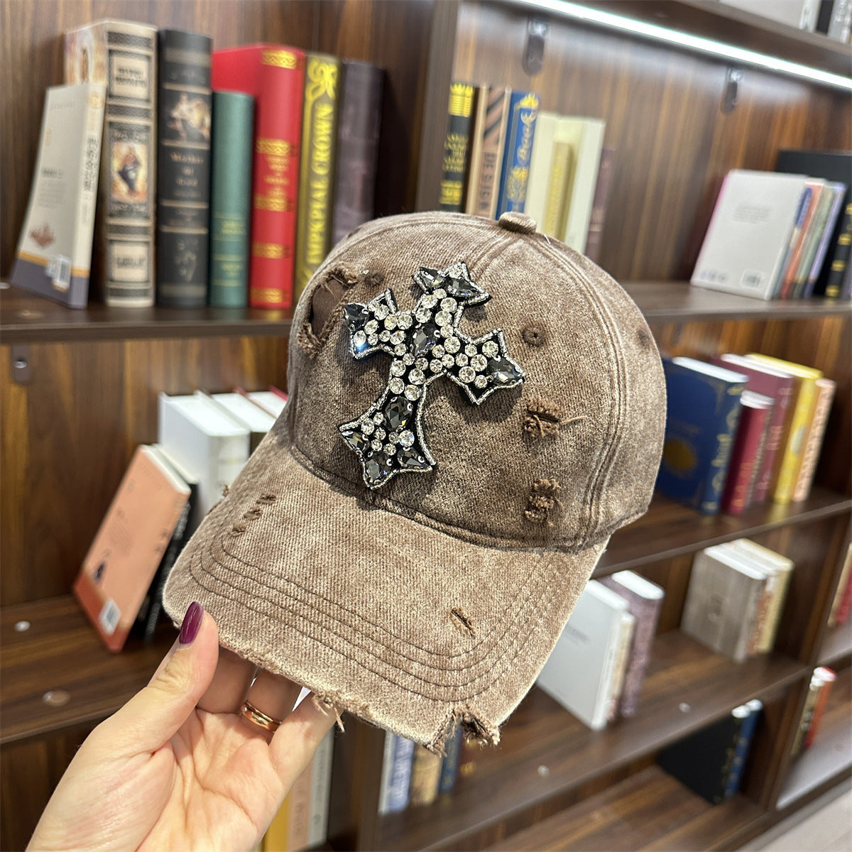 Rhinestone Cross Distressed Washed Denim Baseball Cap Multi‑Color