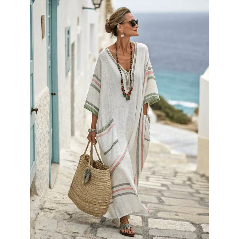 Women's Boho Striped Embroidered V-Neck Kaftan Maxi Dress