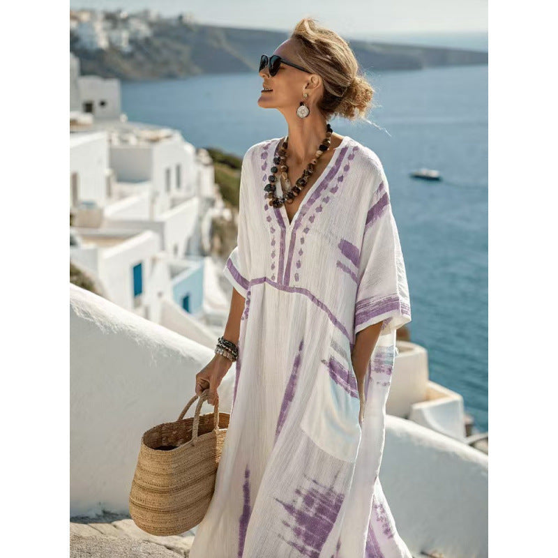 Women's Boho Striped Embroidered V-Neck Kaftan Maxi Dress