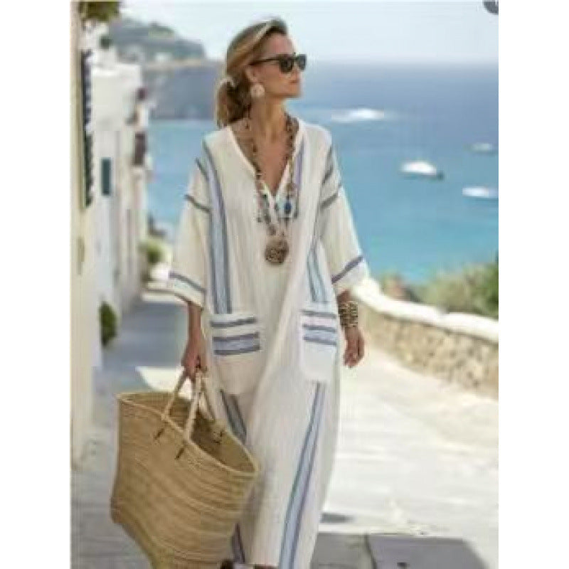 Women's Boho Striped Embroidered V-Neck Kaftan Maxi Dress