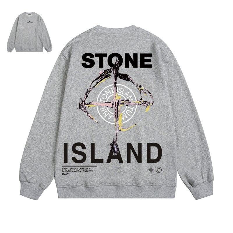 Stone Island Compass Print Crewneck Sweatshirt Men Winter Fleece Top