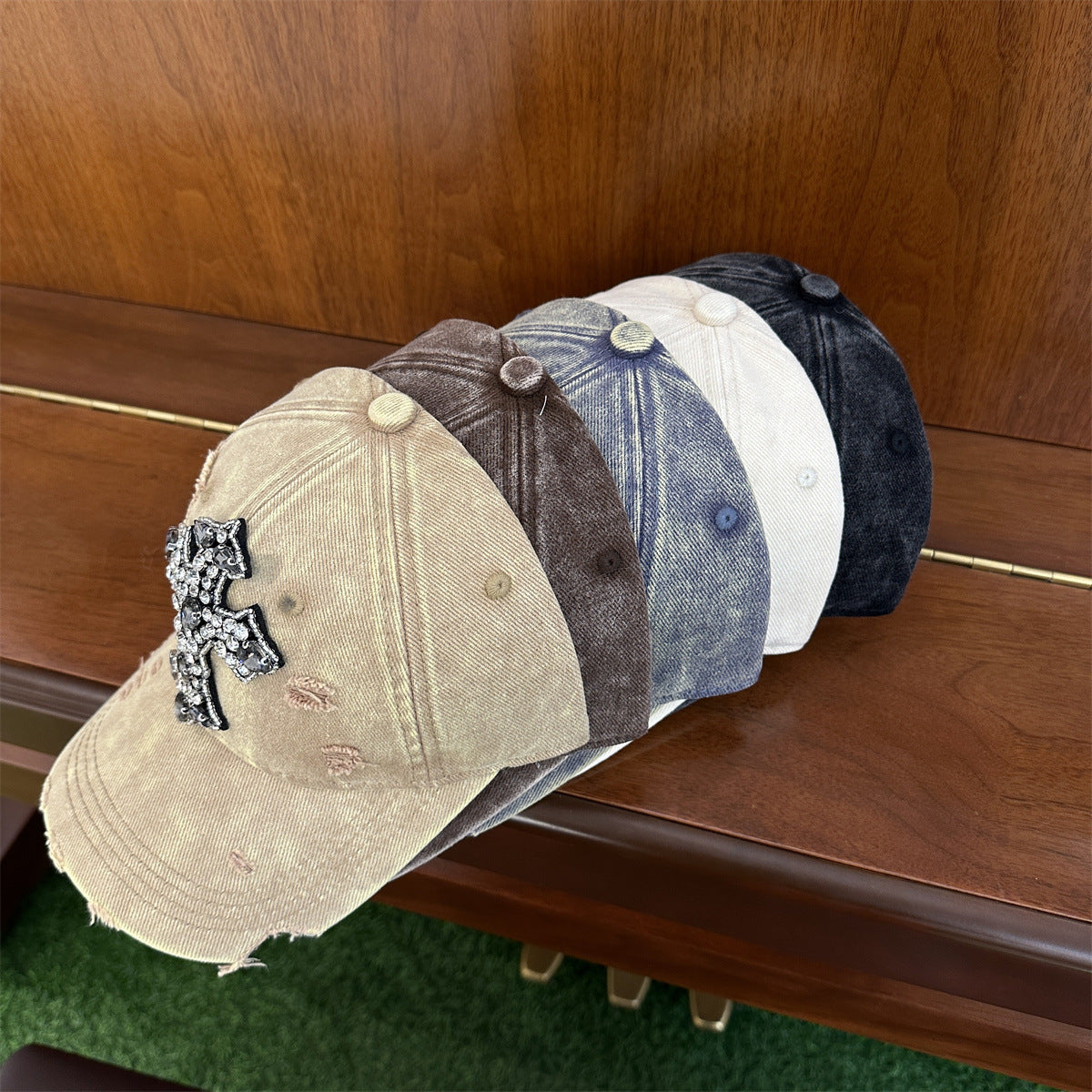 Rhinestone Cross Distressed Washed Denim Baseball Cap Multi‑Color