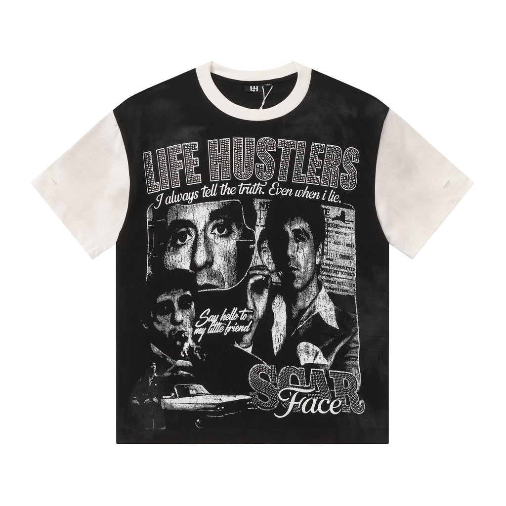 Life Hustlere Rhinestone Graphic Two-Tone T-Shirt