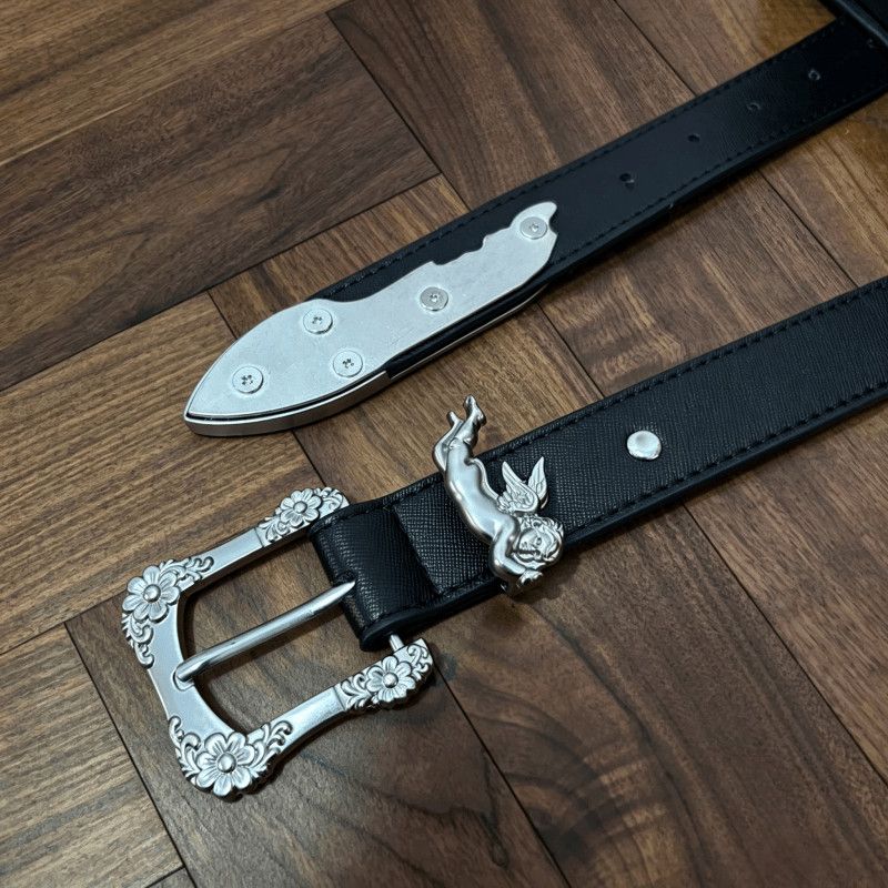 Cherub Angel Dagger Engraved Leather Belt Vintage Gothic Metal Tip