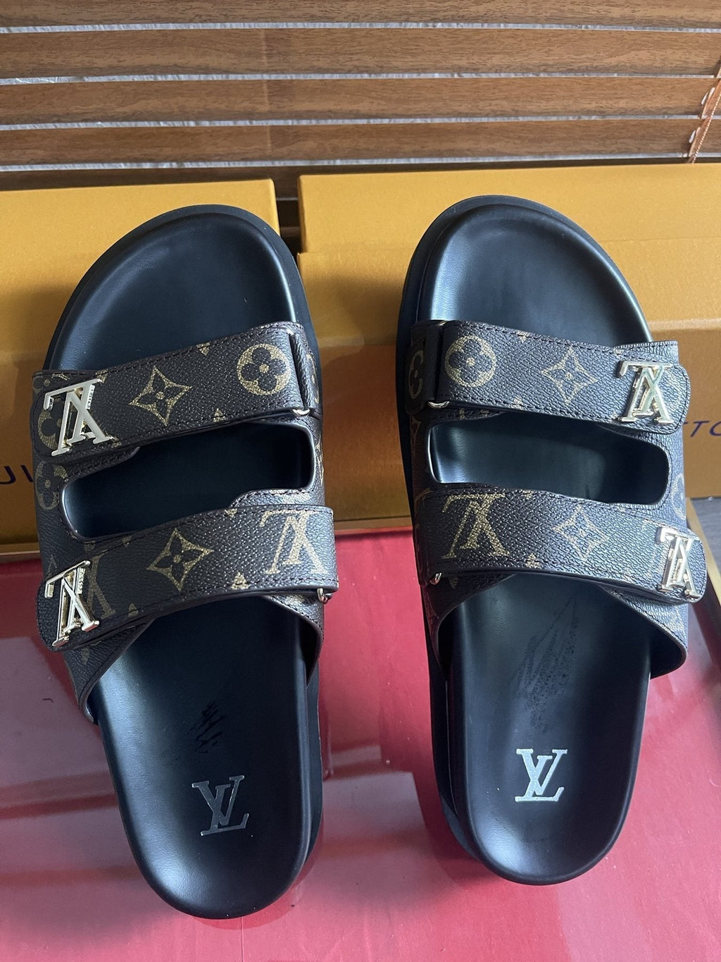 Louis Vuitton Dark Gray Monogram Slide Sandals - Double Monogram-Pattern Straps