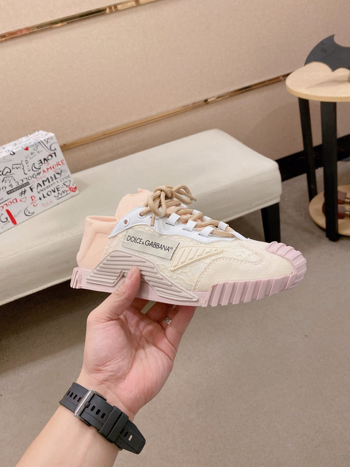 Dolce & Gabbana Pale Pink Cream Low-Top Sneakers