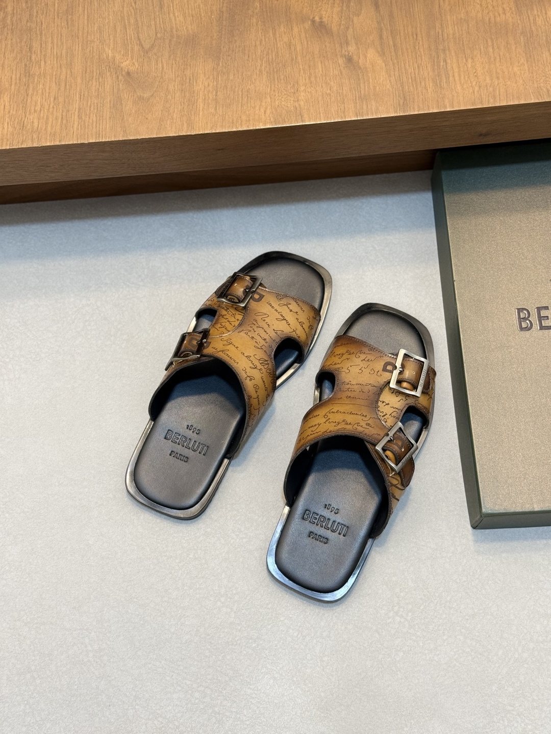 Berluti Patterned Buckle Slide Sandals
