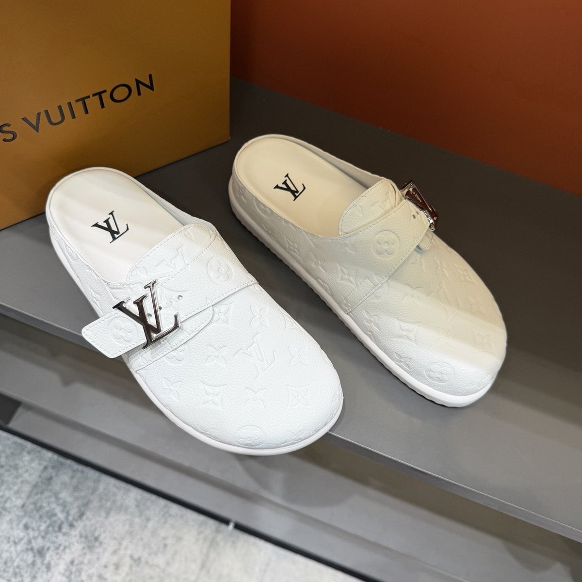 Louis Vuitton White Embossed Slide Sandals