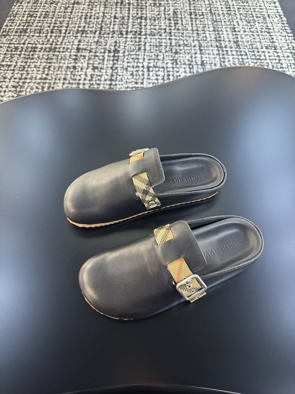 Burberry Men's Black Plaid Buckle Mule Sandals