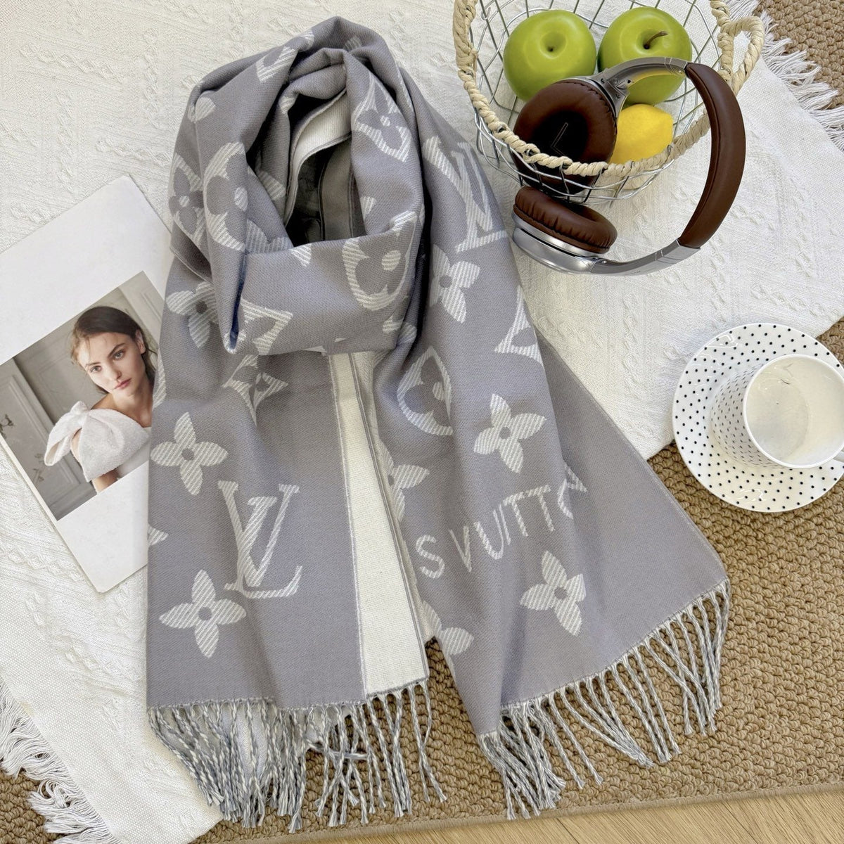 Louis Vuitton Beige & White Fringed Scarf