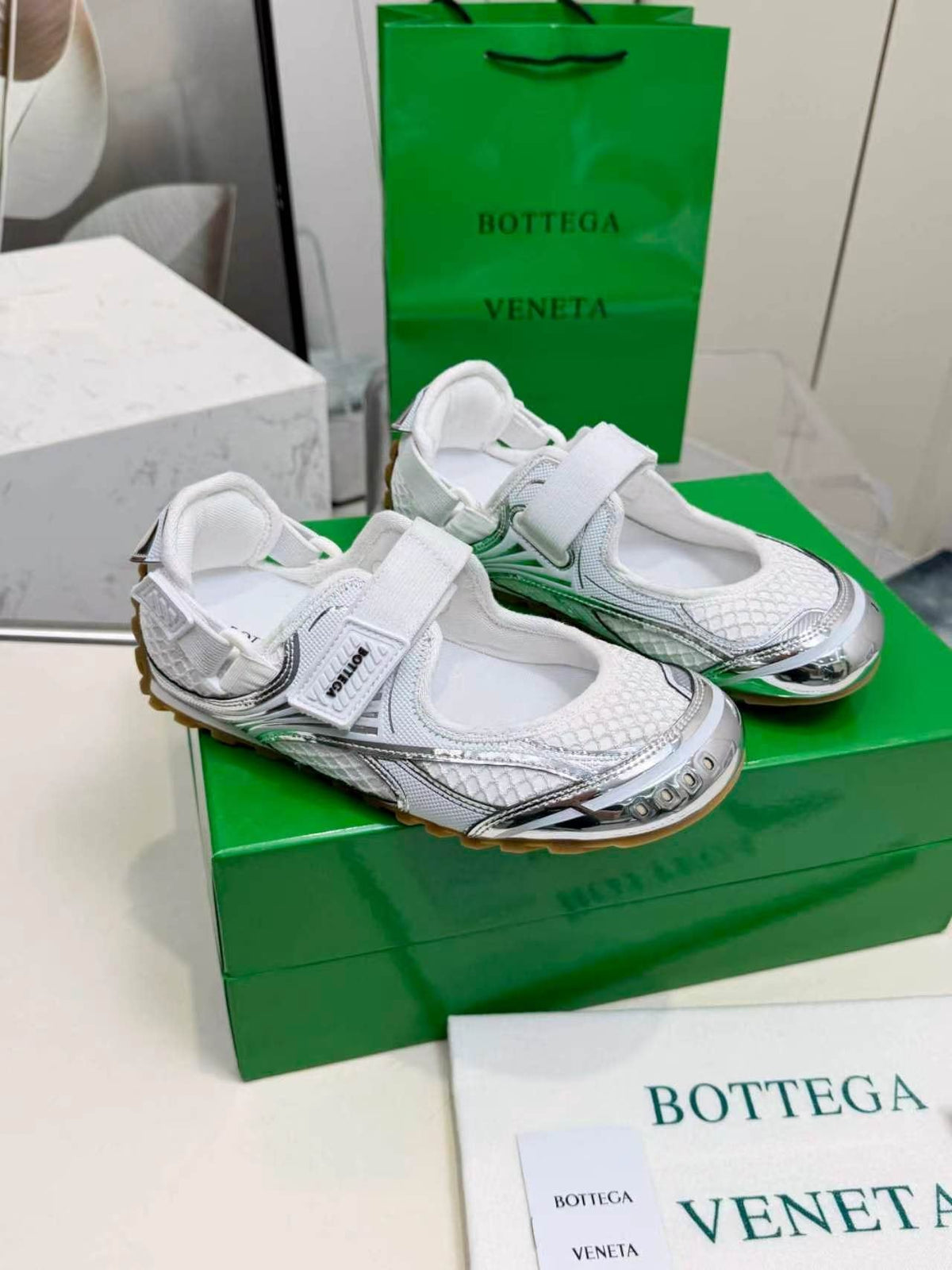 Bottega Veneta White Mesh Strap Sneakers