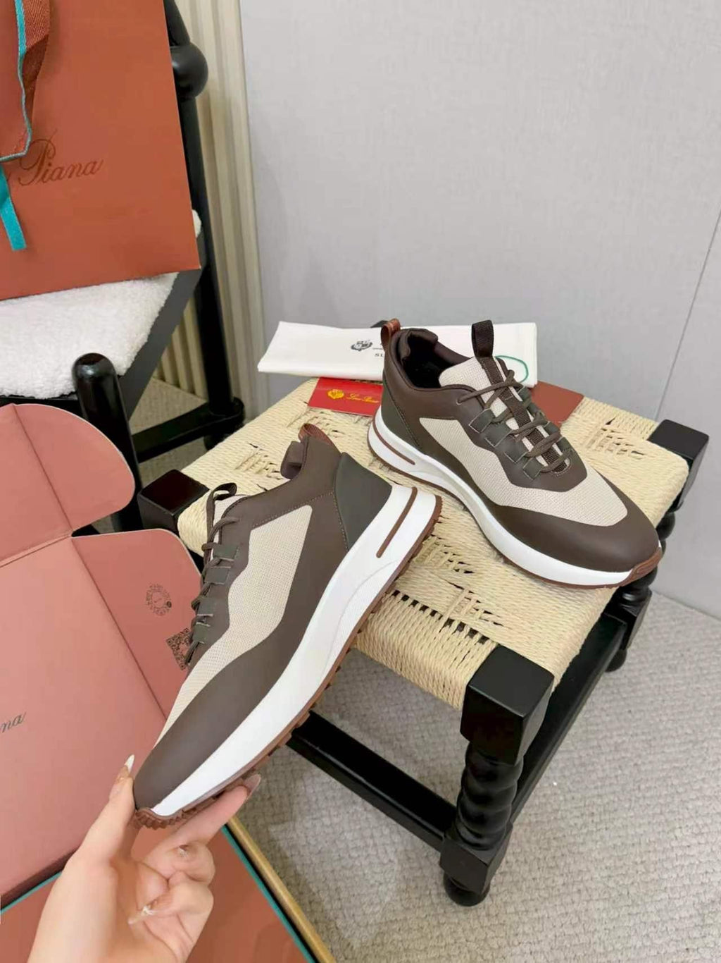Loro Piana Brown and Cream Low-Top Sneakers