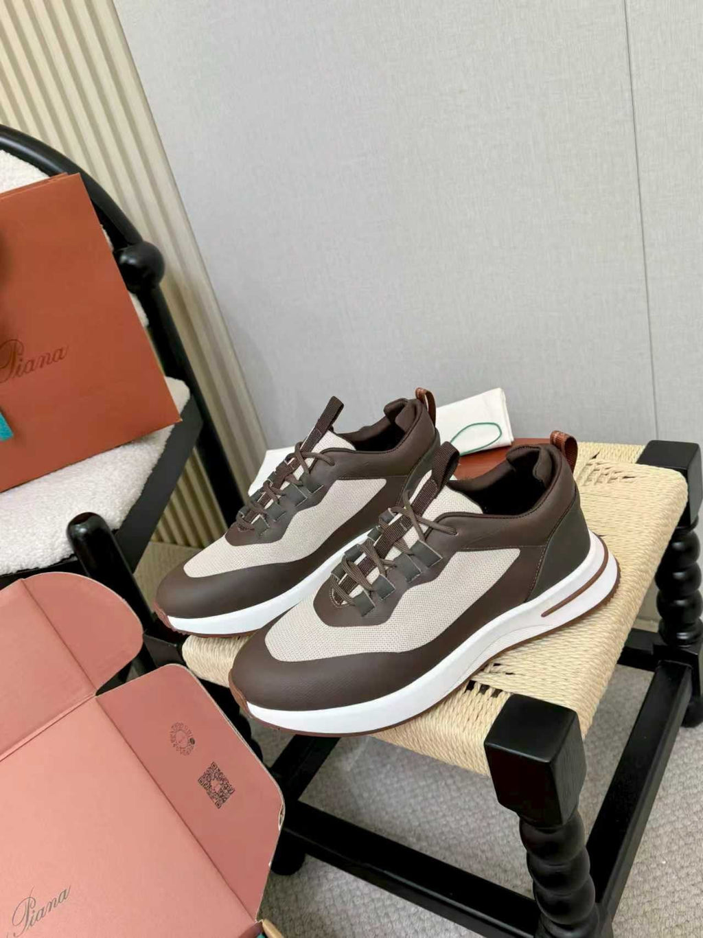 Loro Piana Brown and Cream Low-Top Sneakers