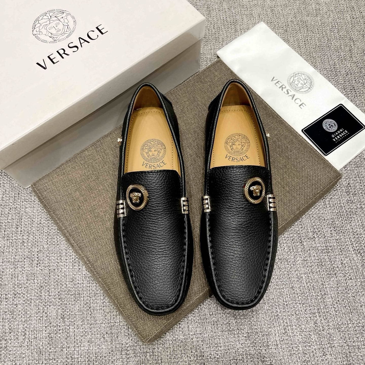 Versace Black Textured Slip-On Loafers