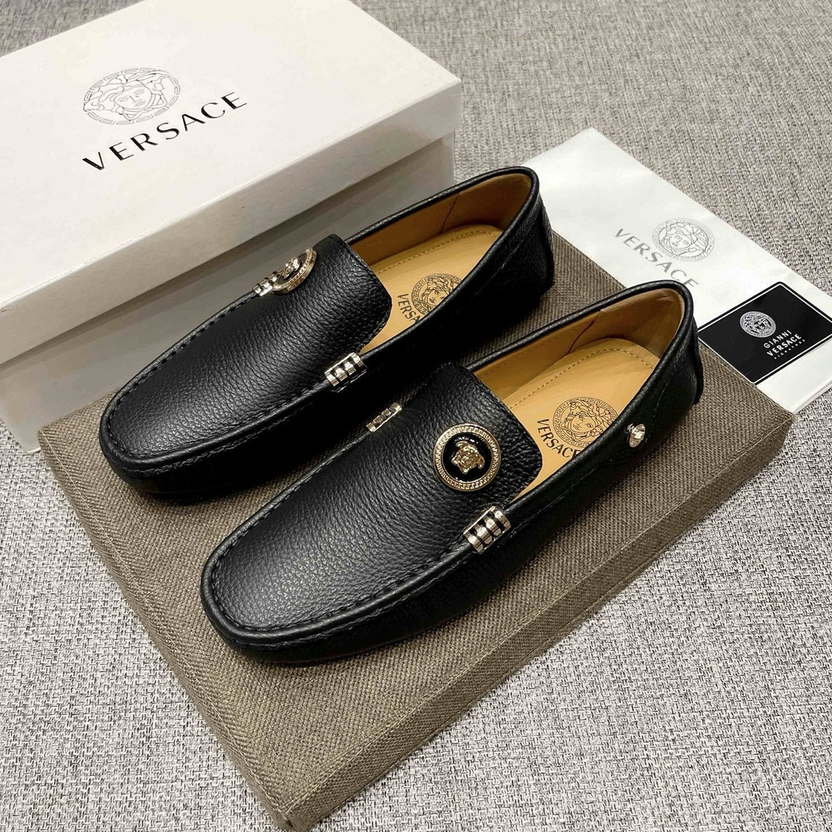 Versace Black Textured Slip-On Loafers