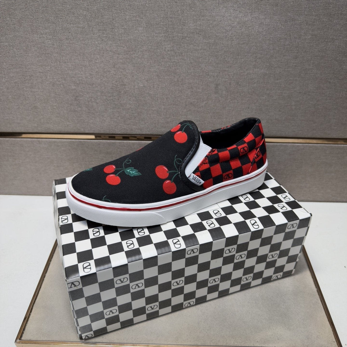 Vans Men's Cherry Checkerboard Slip-On Shoes - Black, Red & White