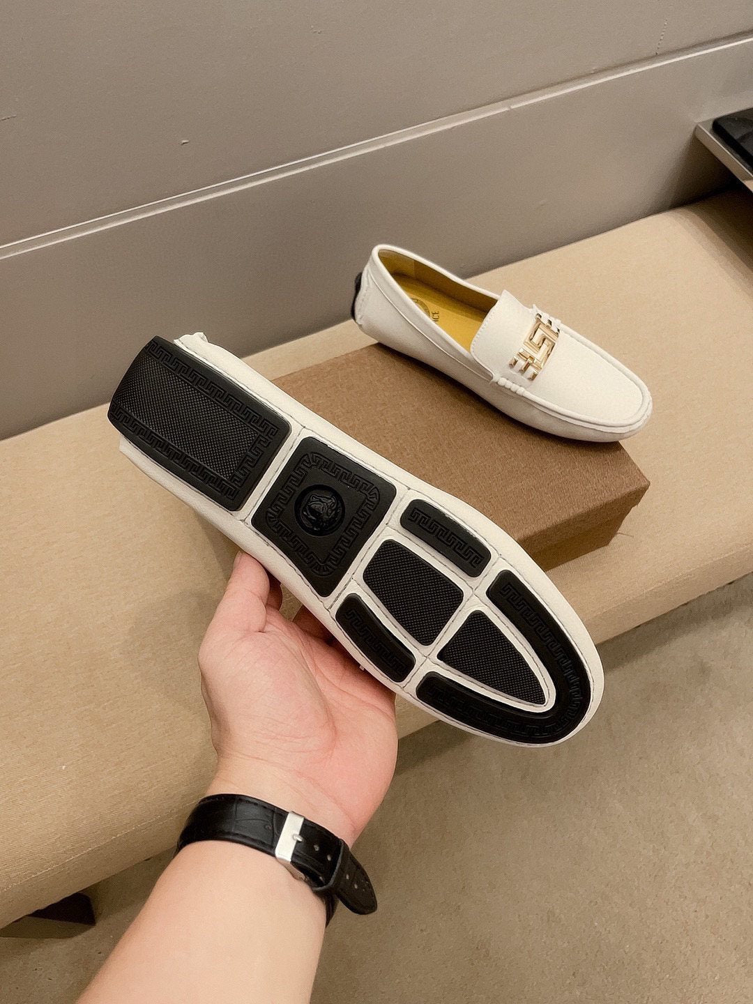 Versace Cream White Gold-Tone Loafers