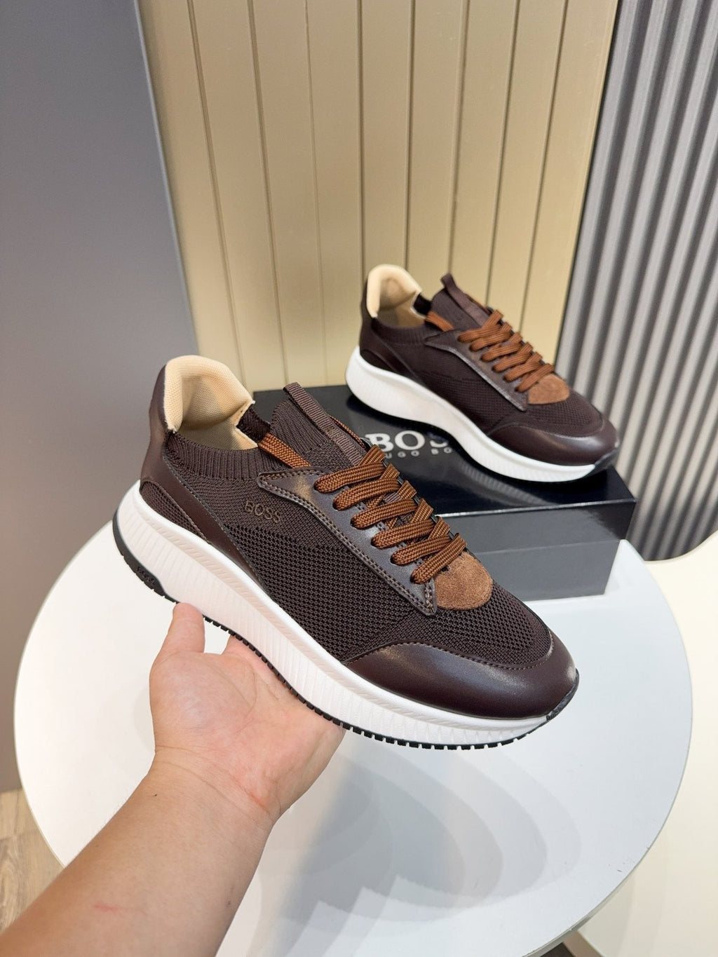 BOSS Knit Lace-Up Sneakers - Side Wordmark Detail