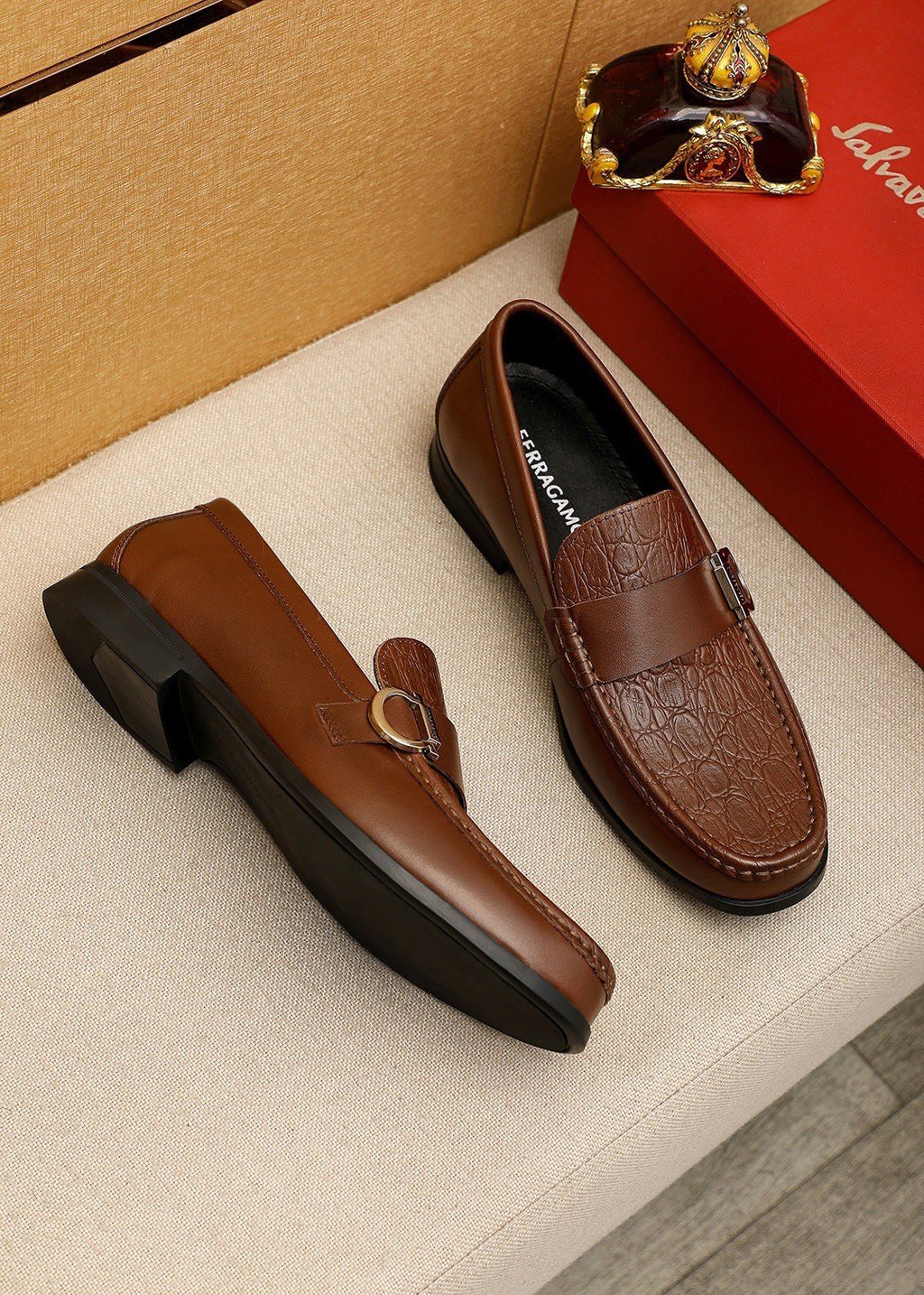 Ferragamo Textured Metal Bit Leather Loafers
