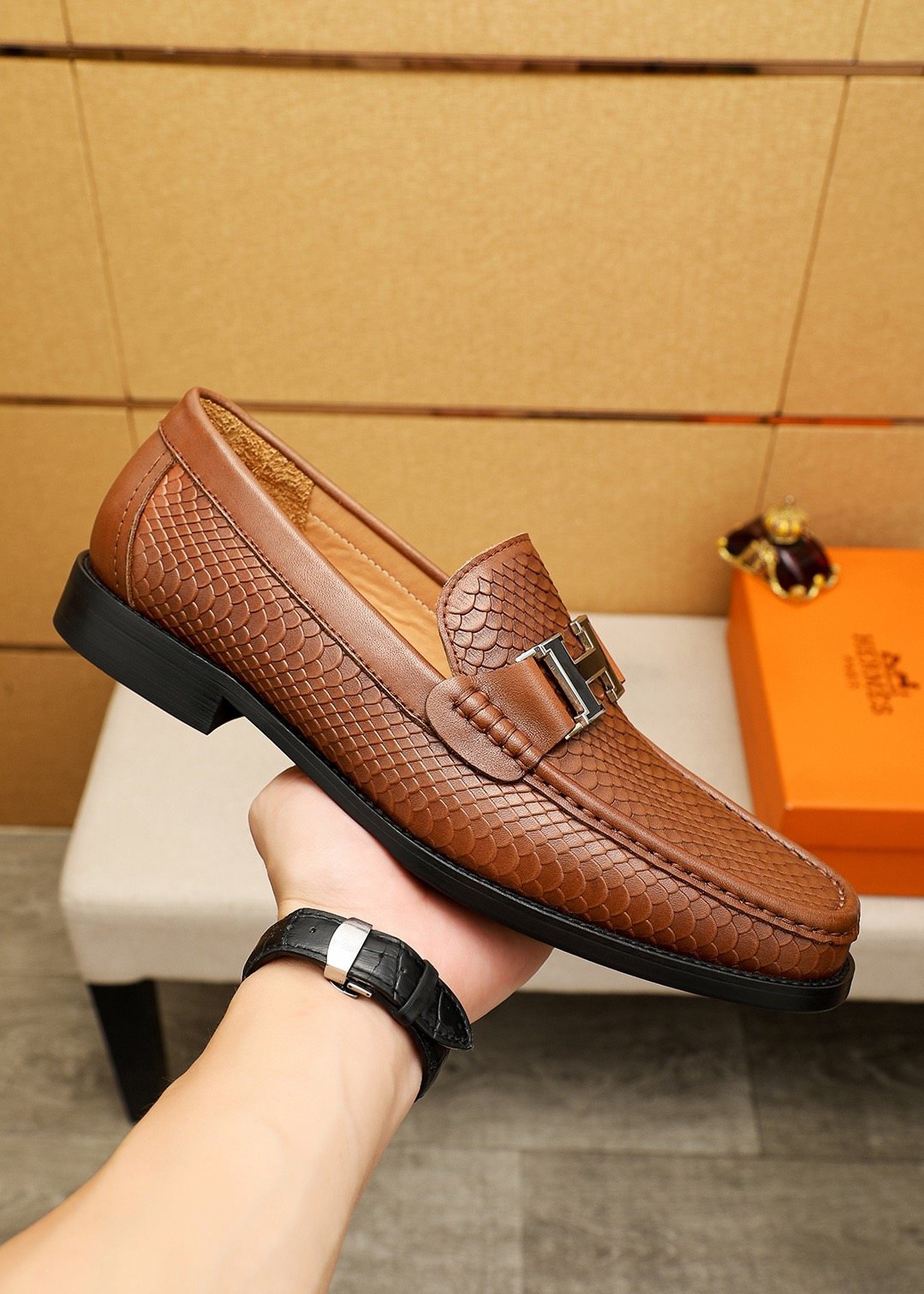 Hermès Textured H-Hardware Loafers