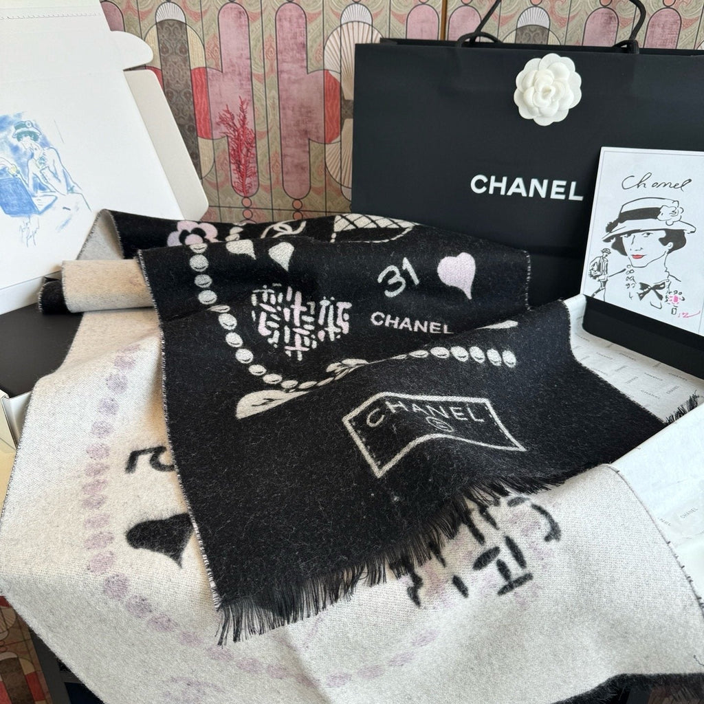 Chanel Pearl Motif Fringe Scarf